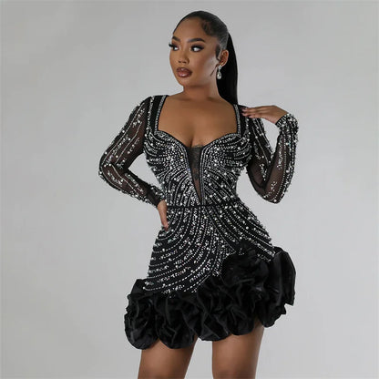 New Women Mesh Sleeve Bodycon Sexy Diamonds Birthday Party Dress Tierred Ruffles Rhinestone Pearls Night Club Dress Pink