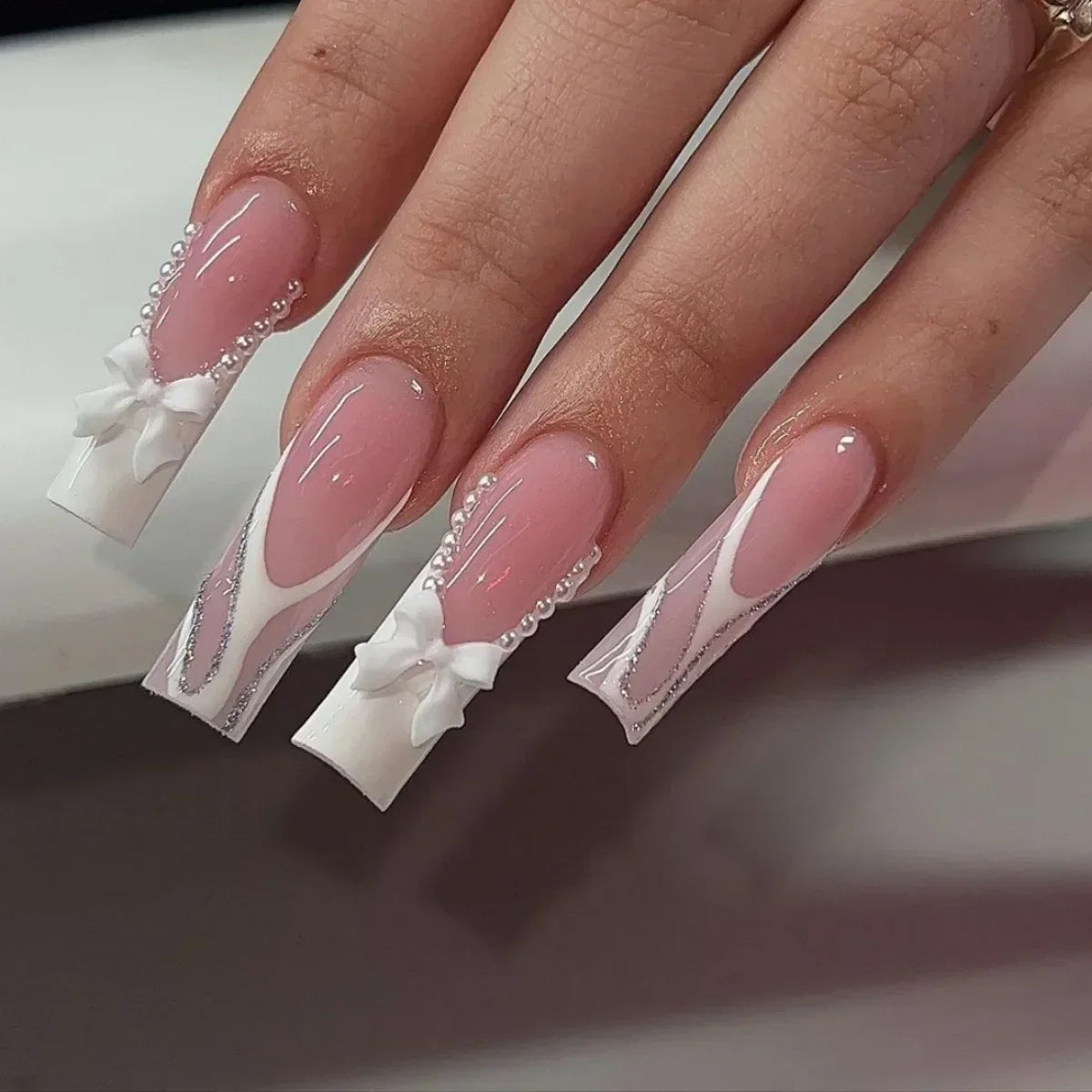 24Pcs White Butterfly False Nails Long Ballet Coffin Pearls with French Design Wearable Fake Nails Full Cover Press on Nail Tips