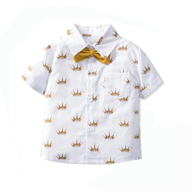Boys Sets Clothing Summer Crown Print Polo T-Shirt White Shorts Yellow Bowtie Children's Clothing For Boy Kids Clothes Boys
