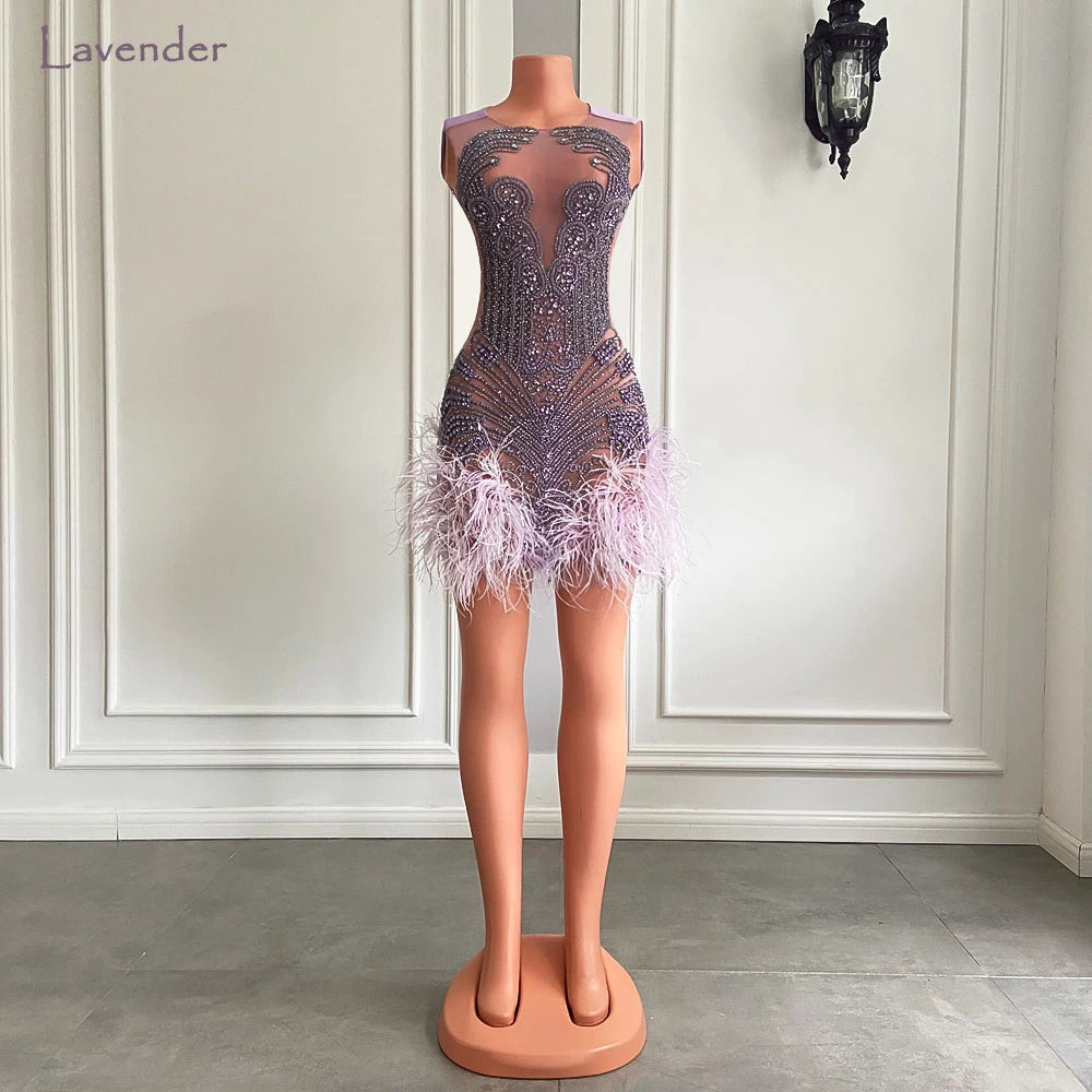 Stunning Sparkly Luxury Diamond Women Birthday Party Cocktail Gowns Sexy Sheer Pink Feather Mini