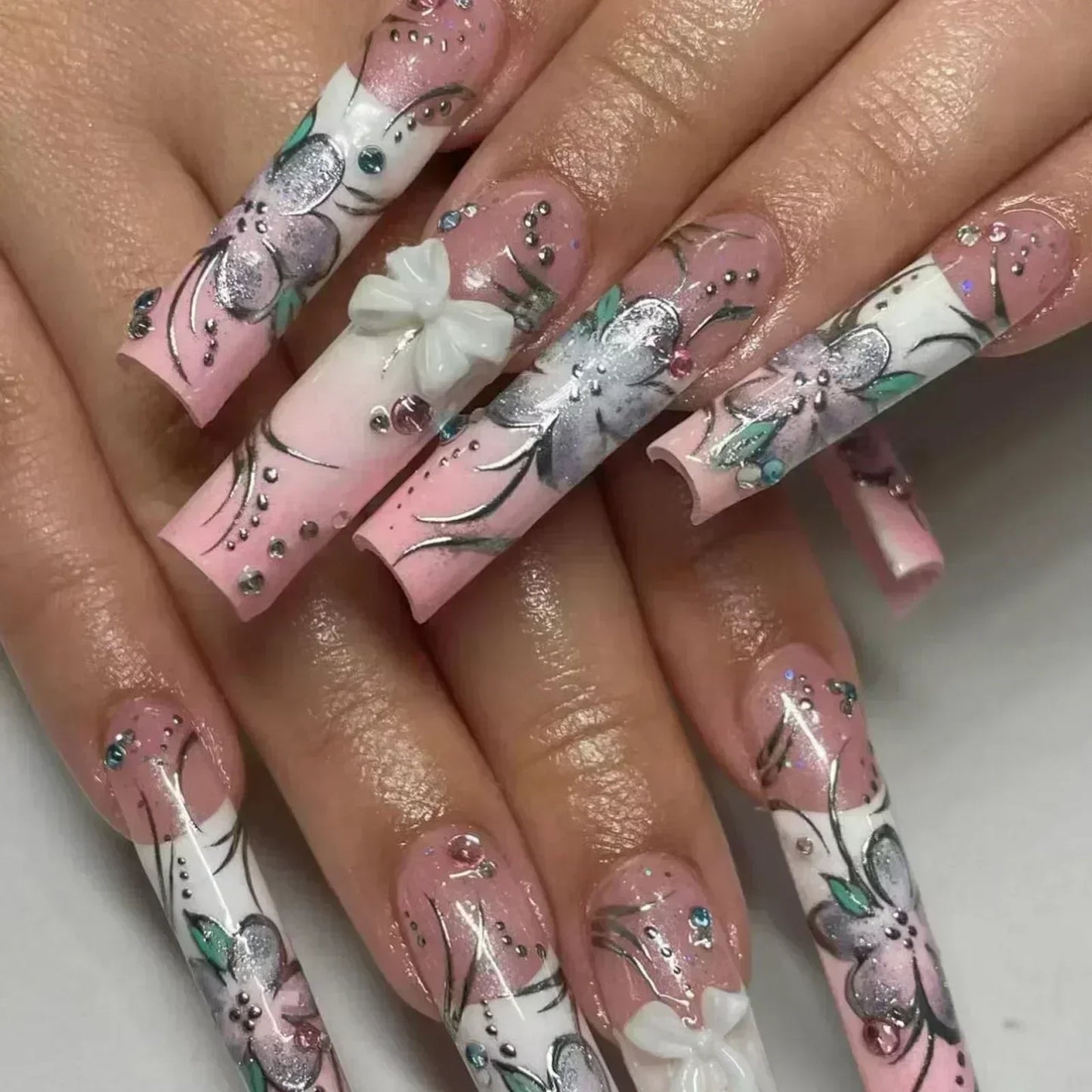 24Pcs Full Cover False Nails with Glue Long Square Coffin Fake Nails French Detachable Ballet Love Pattern Design Press on Nails
