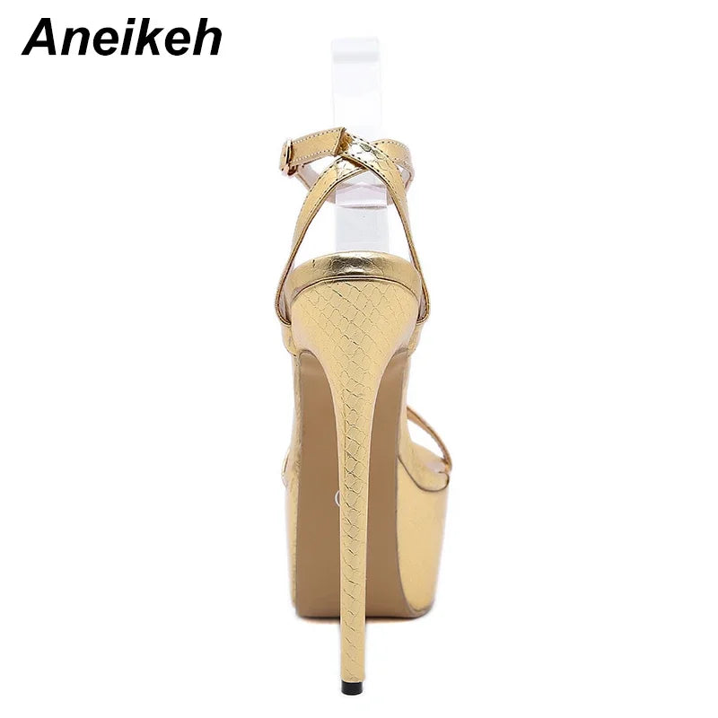 Aneikeh NEW Sexy Sandals Women Bling Golden PU Peep Toe Stripper High Heel Sandals