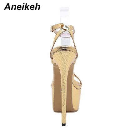 Aneikeh NEW Sexy Sandals Women Bling Golden PU Peep Toe Stripper High Heel Sandals