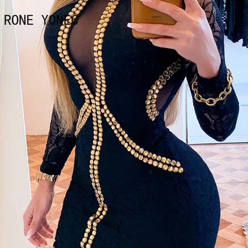 Sexy Patchwork Rhinestone Long Lace Sleeves Mesh Bodycon Mini Dress