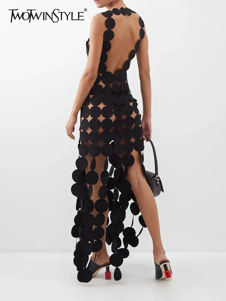 Hollow Out Sexy Square Collar Sleeveless High Waist Dot Dress