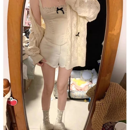 Coquette Cardigan Sweater Woman Kawaii Bow Hollow Knitted Tops