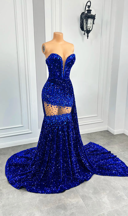 Real Sample Sexy Mermaid Handmade Crystals Royal Blue Sequin Prom Party Gowns