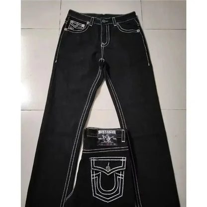 Harajuku Vintage Buddha Embroidered Logo Denim Pants Trouser Hip Hop High Street Wear Gothic Baggy Jeans Couples Y2k Clothes