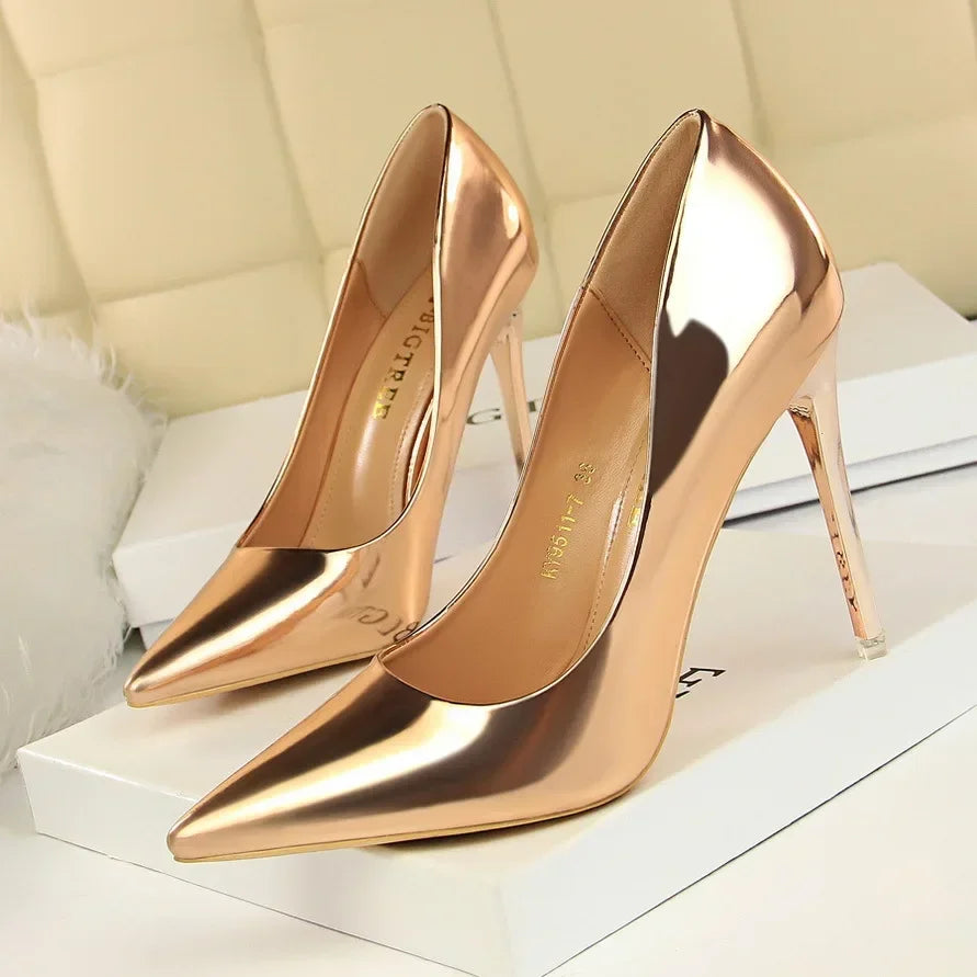 Fashion Spring Autumn Women High Heels Slip On Patent Leather 7.5CM Thin Heels Mature Women Modern Middle Heels Dress Shoes