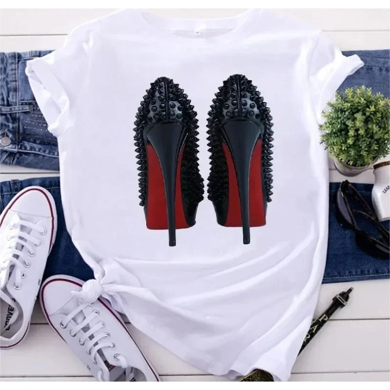 White T Shirt Women Top Casual Tshirt Fashion High Heel Shoes Print Femme Clothing Tshirt Harajuku Short Sleeve Female Tee Shirt