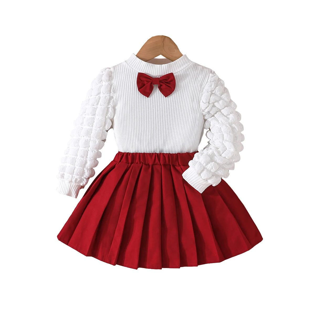 3 Colors Fashion Kids Girls Fall Clothes Sets 3-8Y Long Puff Sleeve Bow Front Tops + Pleated Skirt 2PCS