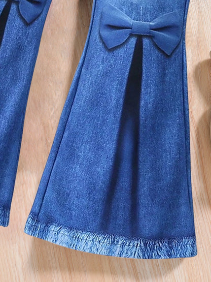 2-piece Spring/Fall Girls Fashion Casual Suit Purple round neck cartoon girl print puffy sleeve top + blue stretch slim pants