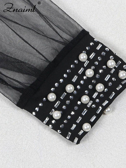 Sexy Sheer Mesh Patchwork Rhinestone Bodycon Black Mini Dress Women's Long Sleeve Skinny Birthday Evening Party Dresses