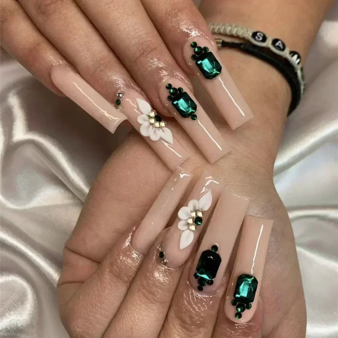 24Pcs False Nails Long Coffin Ballet French with Rhinestones Wearable Fake Nails Blue Flower Full Cover Press on Nails Tips Art