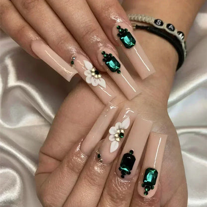 24Pcs False Nails Long Coffin Ballet French with Rhinestones Wearable Fake Nails Blue Flower Full Cover Press on Nails Tips Art