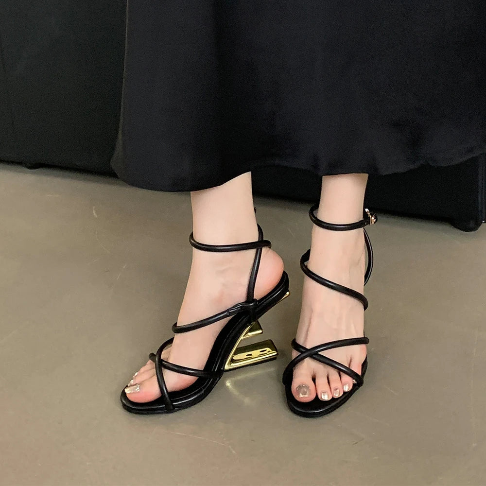 Aneikeh Summer Fashion Fretwork Heels Cross Striped Color Blocked High-heeled Sandals