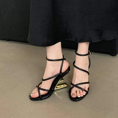 Aneikeh Summer Fashion Fretwork Heels Cross Striped Color Blocked High-heeled Sandals