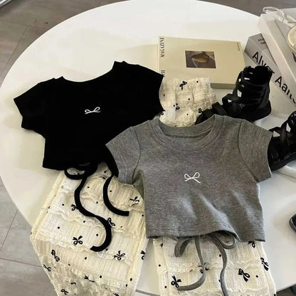 Kids Girls Bow T-shirts+Loose Pants 2Pcs Summer Children Clothes Sets Short Sleeve Backless T-shirt Bowknot Pants Girls Suit