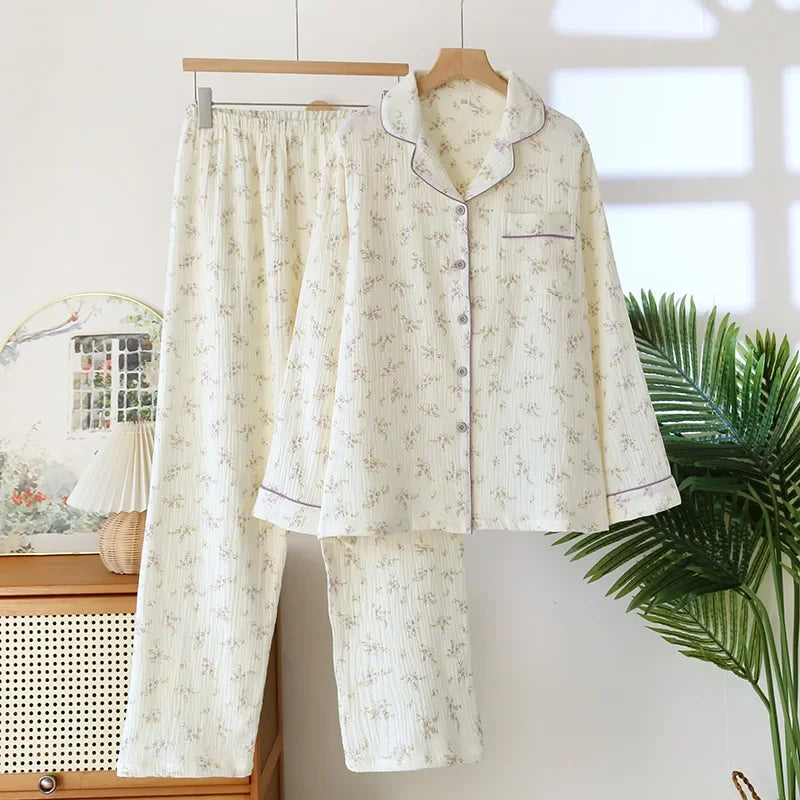 2025 Spring and Autumn Women's New Pajama Cotton Long sleeved Pants Set with Collar Flower Crape Fabric Home Clothing Set Ladies