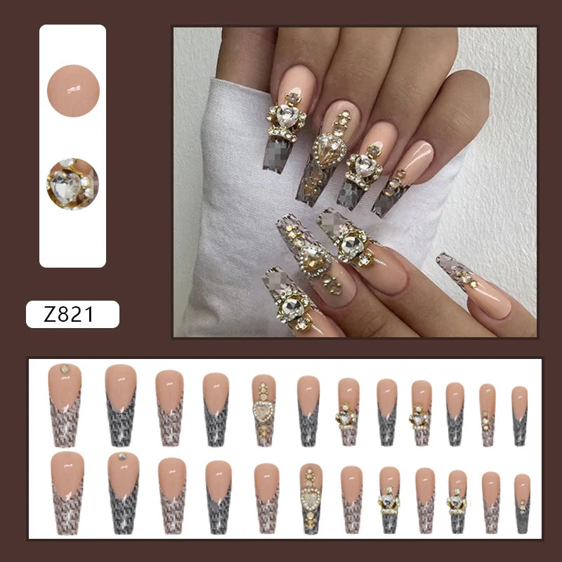 24pcs Artifical Fake Nails Long Coffin French Ballerina Wearable False Nail Tips Finished Rhinstones Flower Design Press on Nail