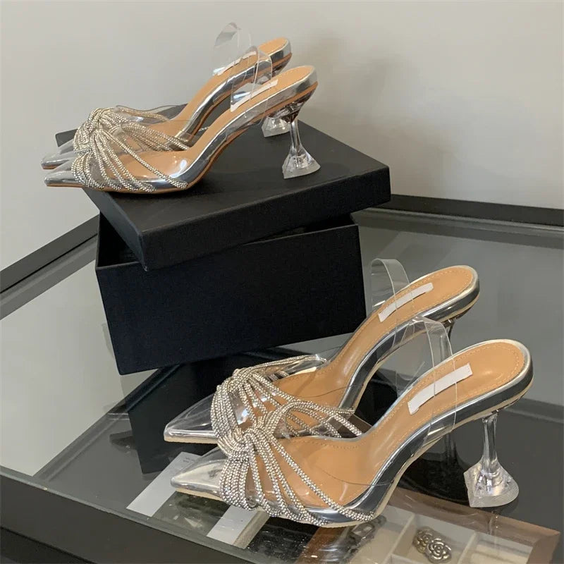 Elegant Silver Slingbacks Women Pumps Fashion CRYSTAL PVC Transparent Pointed Toe Clear High Heels Ladies Shoes