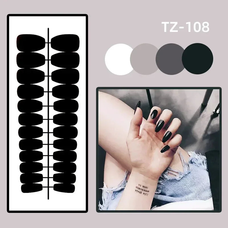 24Pcs Simple Blue French Fake Nails with Diamond Love Pattern Design False Nails Press on Mid-length Ballet Full Cover Nail Tips