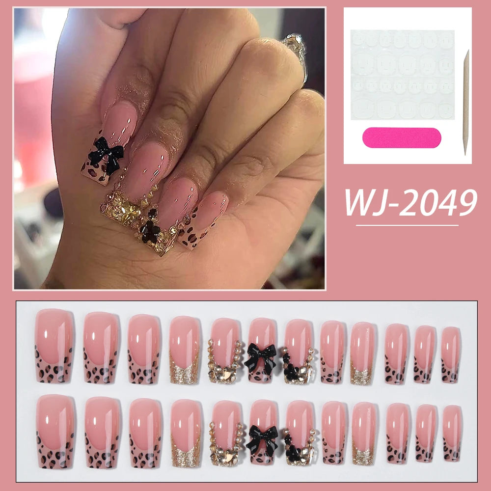 24pcs long square nail, flash diamond jewelry, black ribbon decoration, leopard print fake nail black flower press On nail