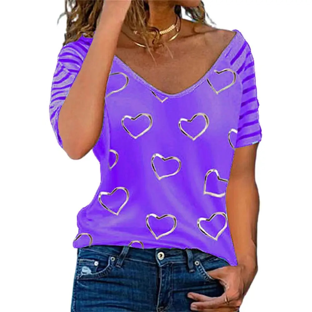 V Neck T-shirts Short Sleeve Tops Tees Heart-Shaped Graphics