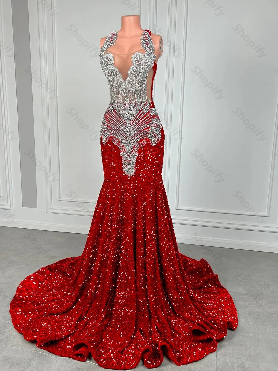 Sparkly Red Sequin Mermaid Luxury Silver Crystal Beaded Sheer Neck Long Prom Gowns
