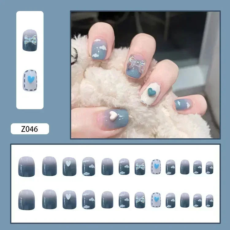 24pcs Black Short Ballet False Nails with Glue French Design Detachable Fake Nails Art Heart Full Cover Press on Nails Tips