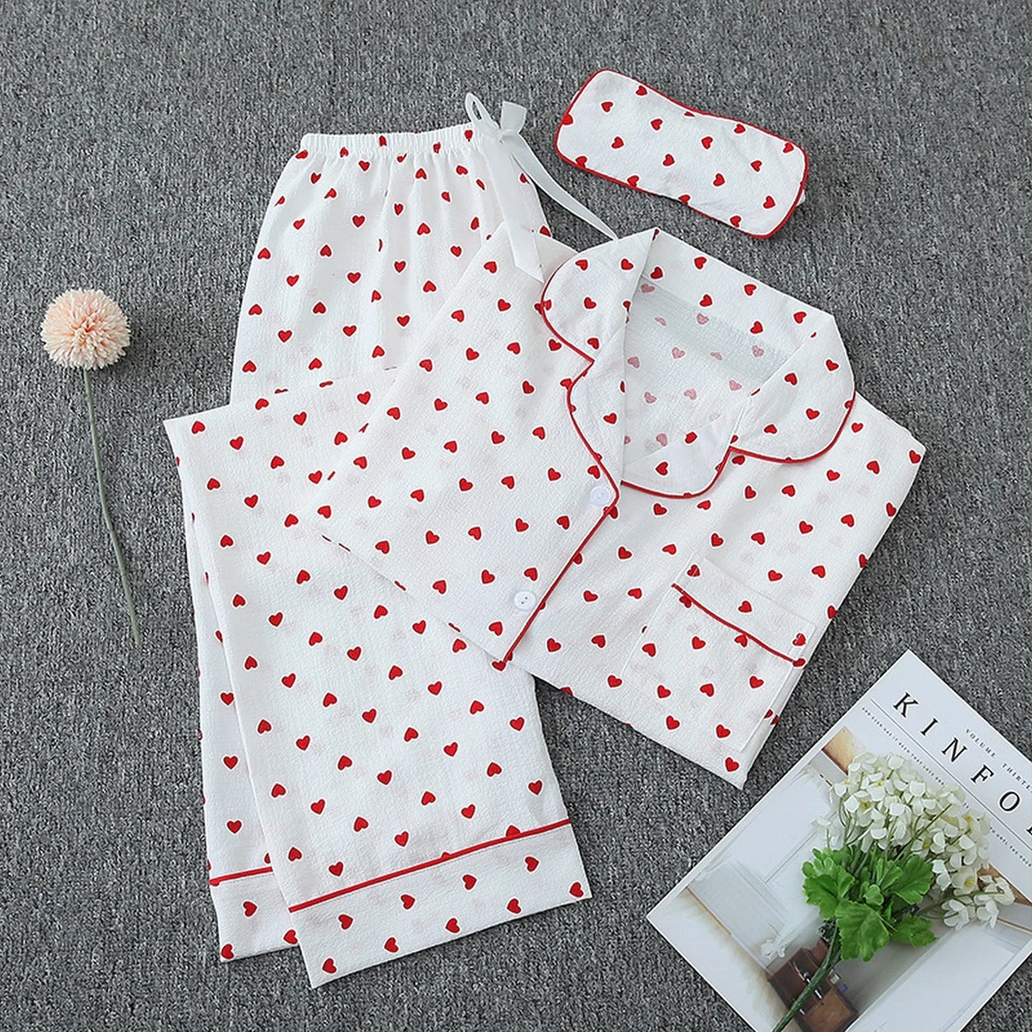 2pc Cotton Pajamas Set Women's Sweet Little Love Cute Two Piece Pijama Jacket Shirts & Long Pant Loungewear Cozy Crepe Homewear