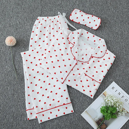 2pc Cotton Pajamas Set Women's Sweet Little Love Cute Two Piece Pijama Jacket Shirts & Long Pant Loungewear Cozy Crepe Homewear