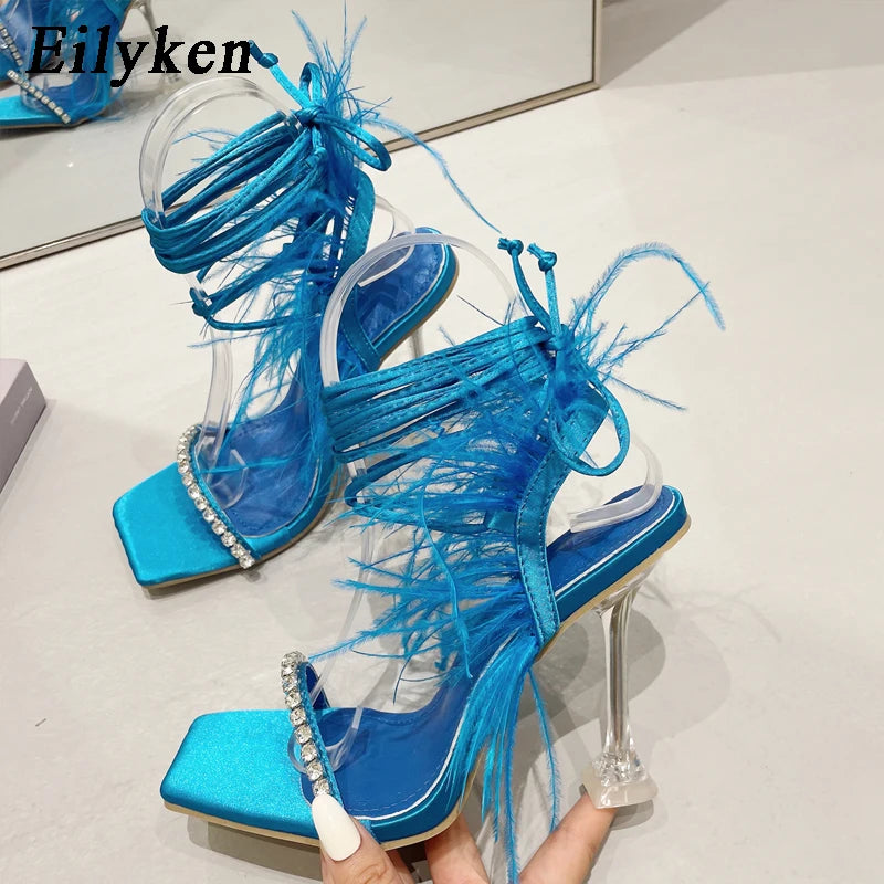 CRYSTAL Rhinestone Butterfly-knot Transparent Square Toe Women Sandals 2025