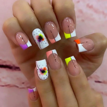 24Pcs Short Square French False Nails with Flower Shiny White Edge Design Pink Glitter Fake Nails Full Cover Press on Nails Tips