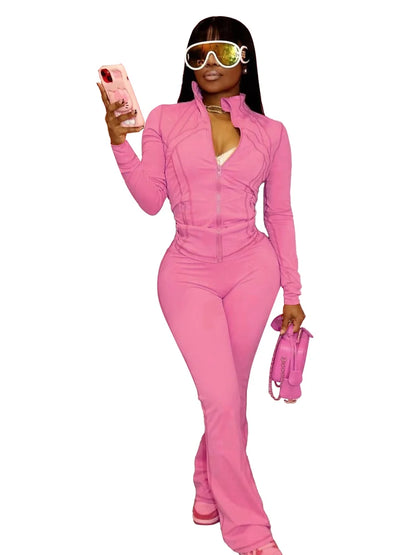 Women Clothes Two Piece Flared Pants Tracksuits Set