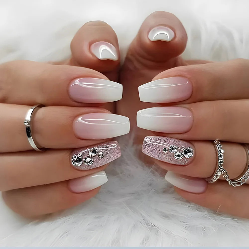 24Pcs Short Square Nude Fake Nails Art White Edge Glossy Artificial French False Nails Removable Full Cover Press on Nail Tips