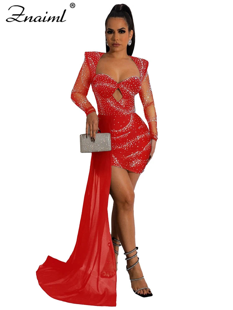 2025 Elegant Evening Sheer Mesh Patchwork Short Dresses Sexy Crystal Rhinestone Celebrity