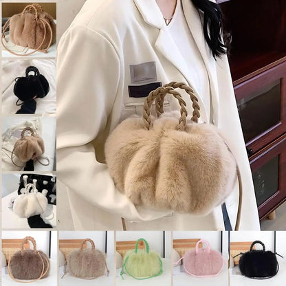 Cute Pumpkin Bag Faux Fur Tote Bag Women's Bucket Plush Luxury Design Ladies Handbags Soft Winter Sweet Girl Handbag