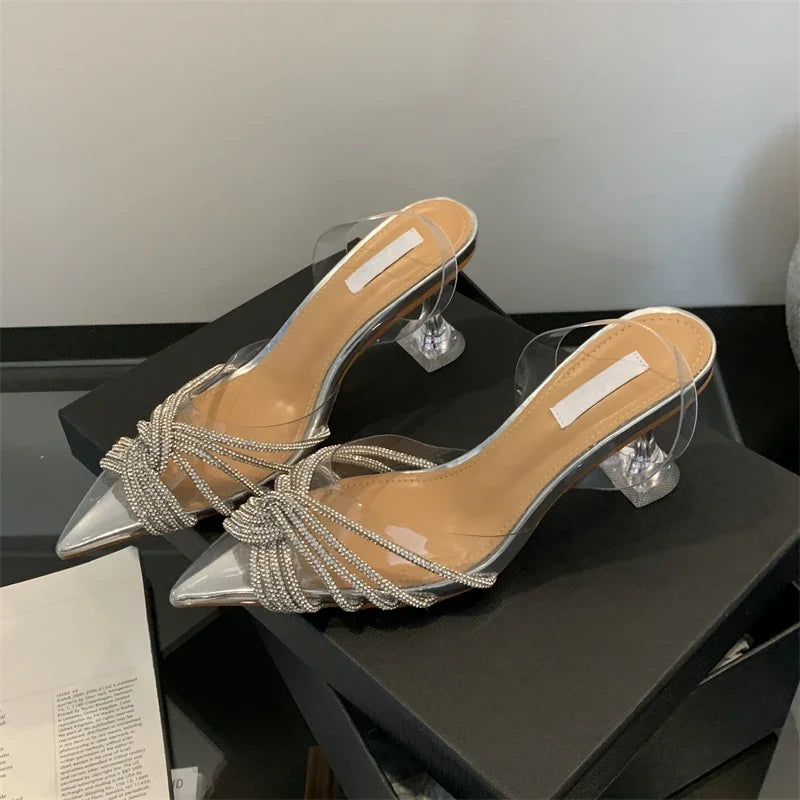 Elegant Silver Slingbacks Women Pumps Fashion CRYSTAL PVC Transparent Pointed Toe Clear High Heels Ladies Shoes