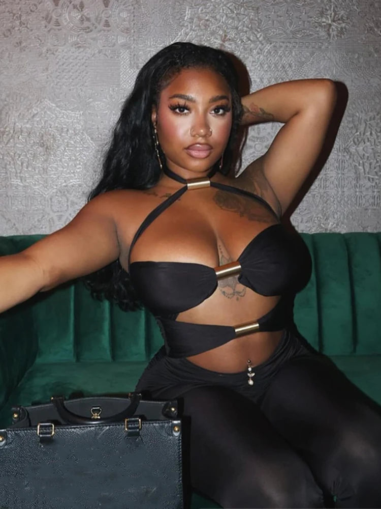 Weird Puss Metal Rings Patchwork Women Lace-Up Halter Sexy Hollow Sleeveless