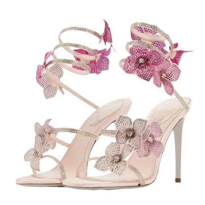 Sexy CRYSTAL Flower Thin High Heels Women Sandals Street Style Narrow Band Ankle Strap