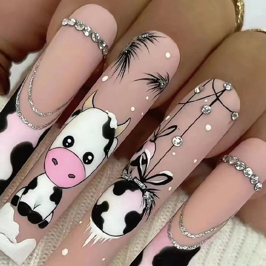 24 Pieces of Long Coffins with Cow Patterns, French Pattern, Diamond Frosted Fake Nails&1 Nail File and 1 Fruit