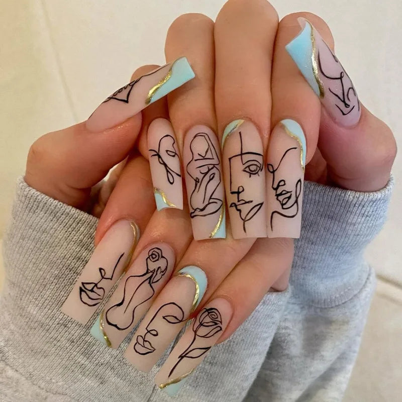 24Ps Super Long Ballet Wearable Fake Nails Blue Diamond Small Flower Press on Nail Stickers Finished Removable False Nail Pieces