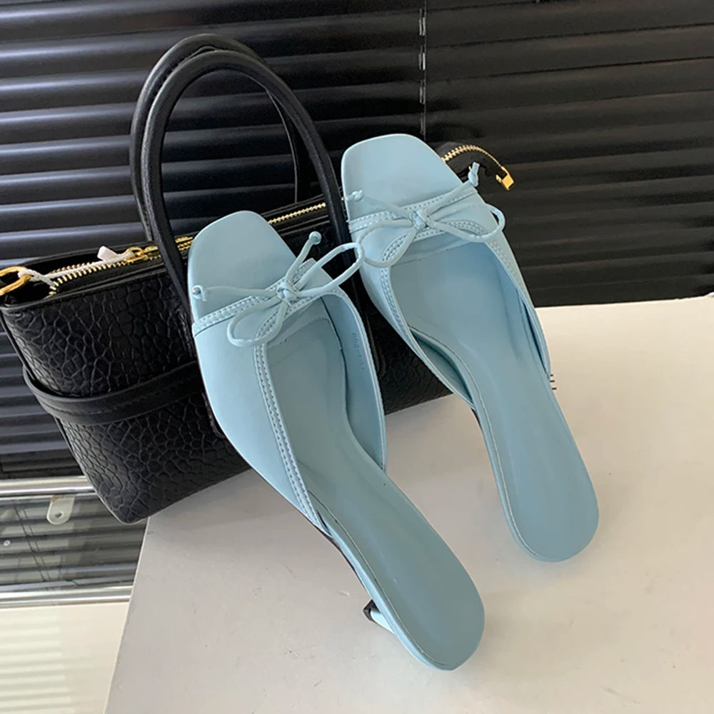 Aneikeh 2025 New Comfortable Low Heel Square Head Sandals Sweet Bow Silk Thick Heels