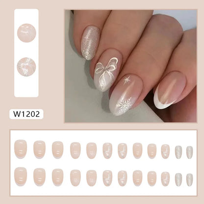 24pcs/set French Strawberry Butterfly Cat Eye Press on Nails Fake Nails Manicure Detachable Nail Tips Oval False Nails Full Set