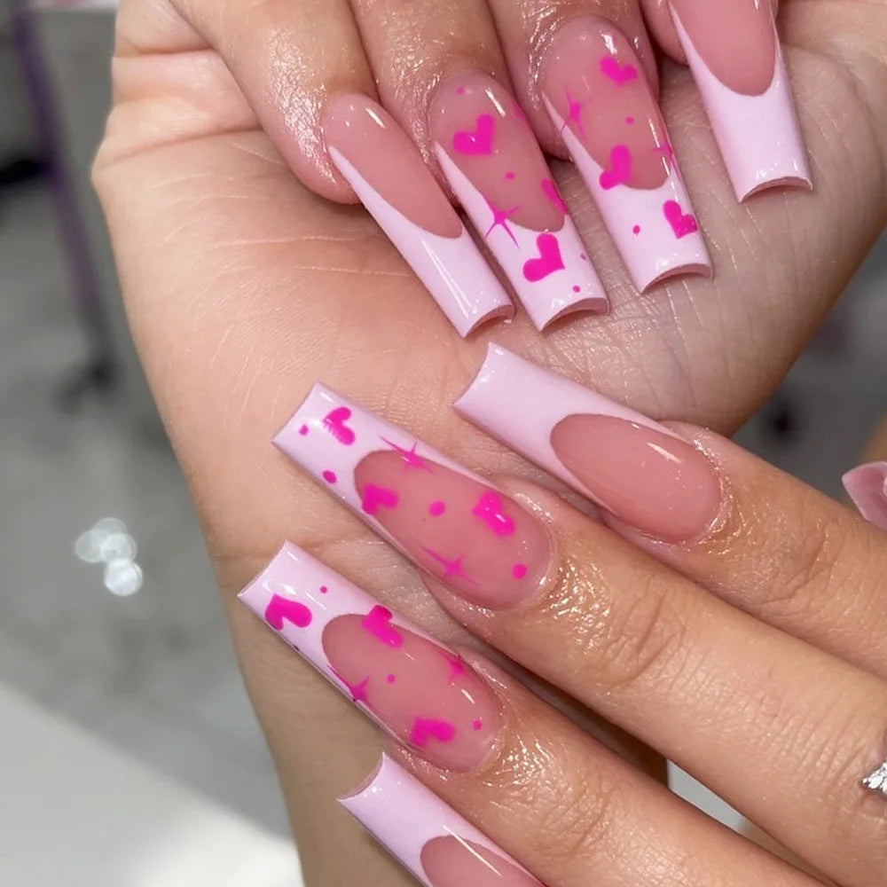 24Pcs White French False Nails Long Ballet Fake Nail with Pearl Bow Flower Design Press on Nails Pink Wearable Square Nails Set