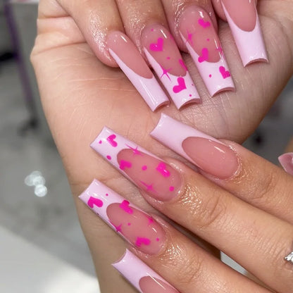 24Pcs White French False Nails Long Ballet Fake Nail with Pearl Bow Flower Design Press on Nails Pink Wearable Square Nails Set