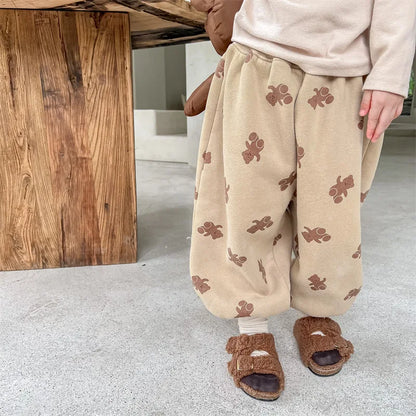 Winter Boys and girls cartoon bears inner fleece sweatpants Children thicken warm loose Trousers
