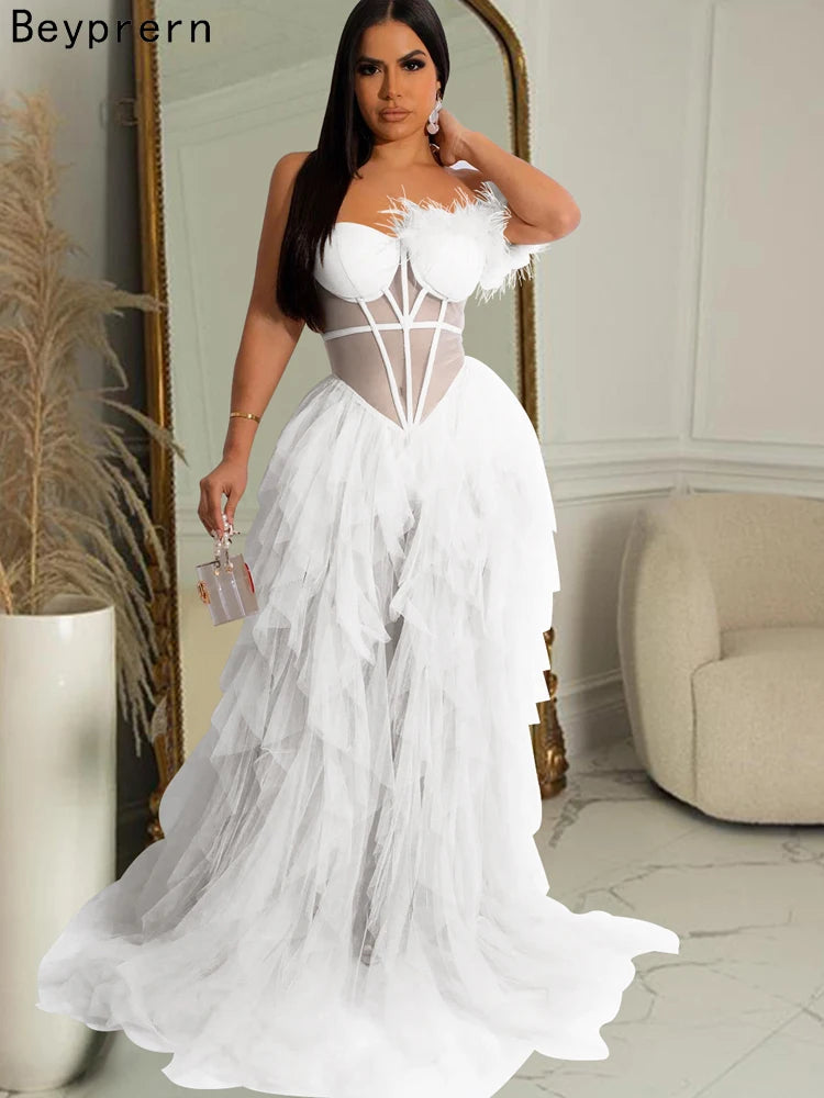 Ruffles Chffion Party Feather Maxi Dress