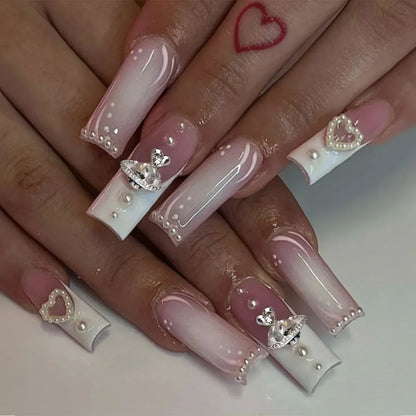 24Pcs Simple Blue French Fake Nails with Diamond Love Pattern Design False Nails Press on Mid-length Ballet Full Cover Nail Tips